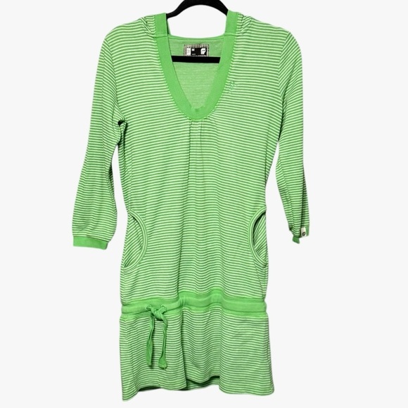 Orage Green Striped Hooded Athleisure Tie Waist Cozy Sporty Dress size Medium - Picture 1 of 12